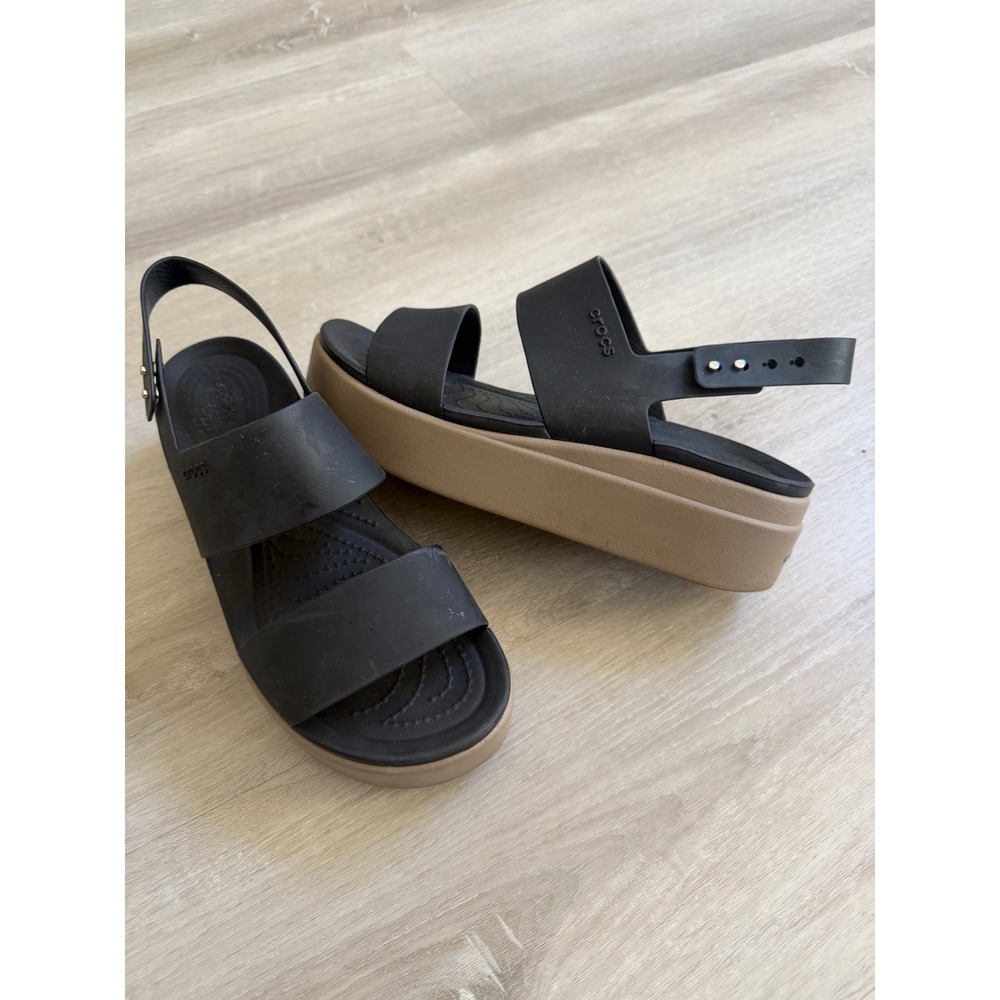 Crocs Brooklyn Sandals 8 Black Tan Comfort Platform Chunky Wedge Slingback - Picture 3 of 10